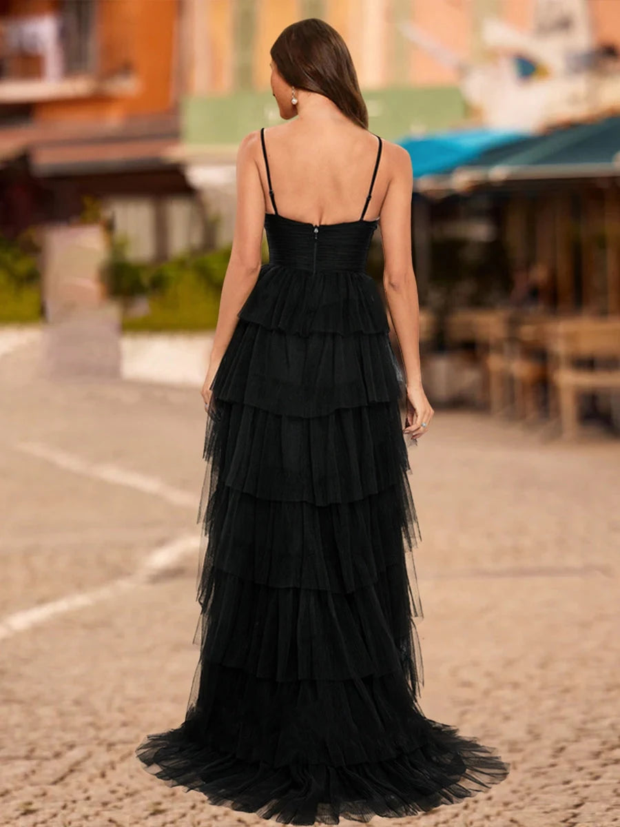 Stunning A-Line Sweetheart Sleeveless Tiered Slit Black Long Prom Dress Gown