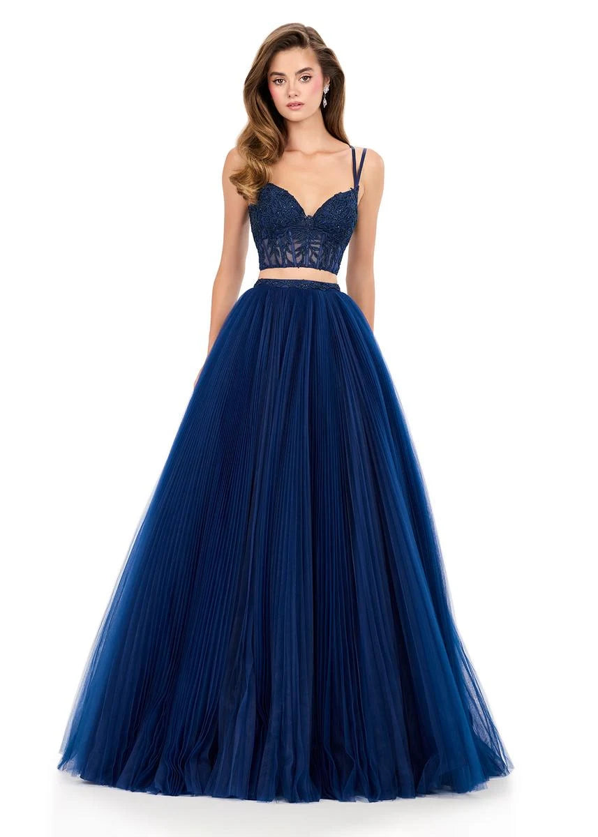 Stunning A-Line Sweetheart Sleeveless Two-Piece Embellished Navy Blue Floor-Length Women's Prom Gown