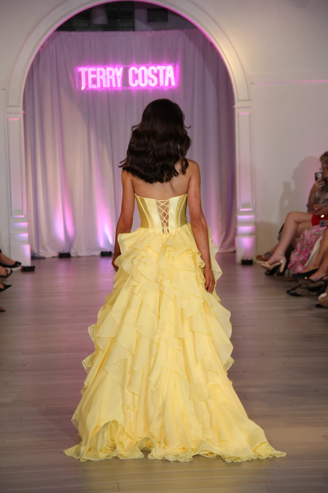 Stunning A-Line Sweetheart Strapless Ruffled Tiered Yellow Floor-Length Prom Dresses Gown
