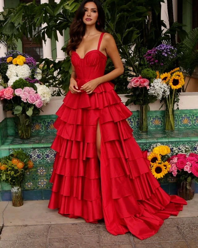 Stunning A-Line Sweetheart Strappy Tiered Ruffle Red Floor-Length Prom Dress