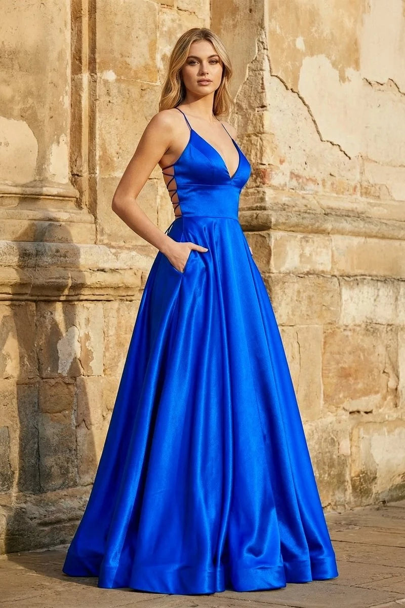 Stunning A-Line V-Neck Sleeveless Strappy Pocket Blue Maxi Prom Dresses Gown