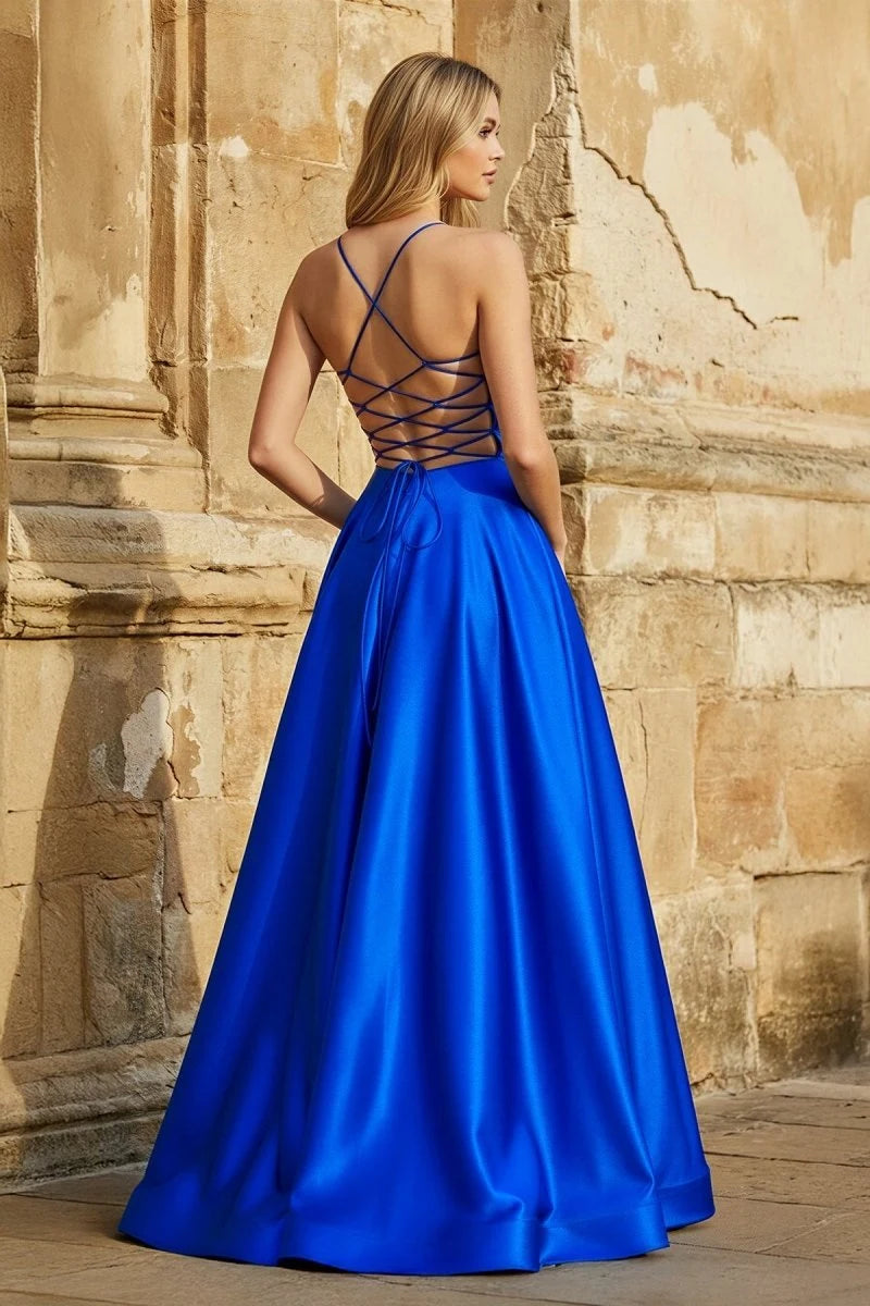 Stunning A-Line V-Neck Sleeveless Strappy Pocket Blue Maxi Prom Dresses Gown