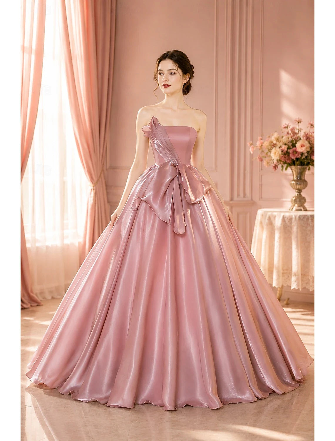 Stunning Ball Gown Strapless Sleeveless Draped Bow Dusty Pink Floor-Length Prom Dresses