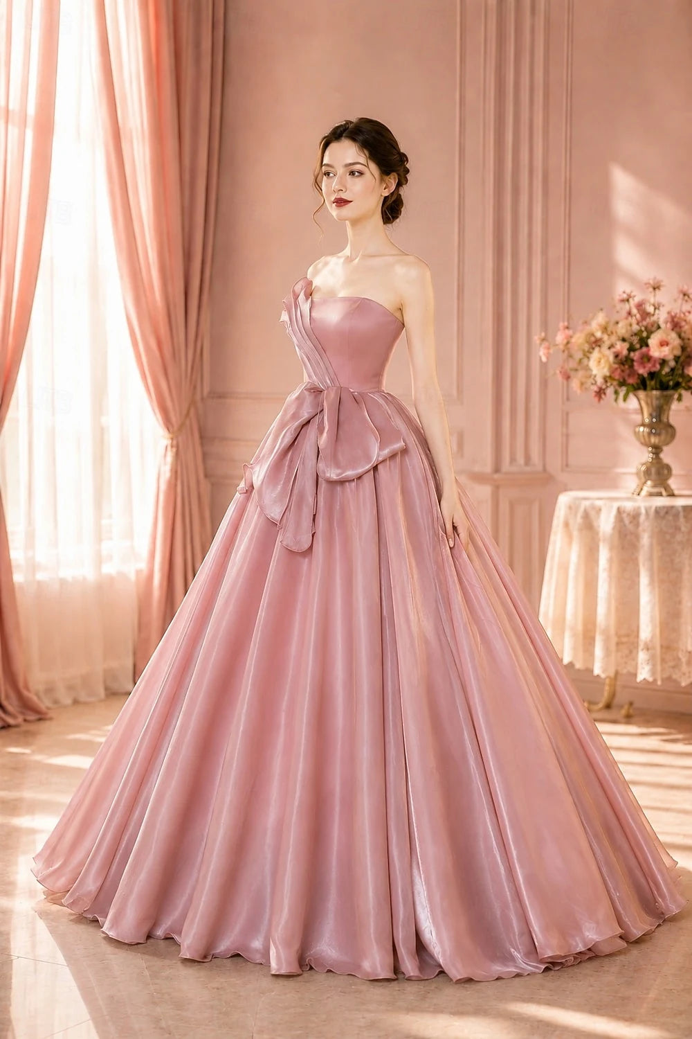 Stunning Ball Gown Strapless Sleeveless Draped Bow Dusty Pink Floor-Length Prom Dresses