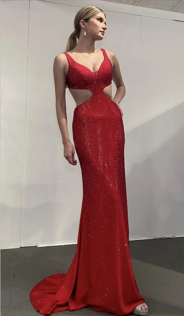 Stunning Fitted V-Neck Sleeveless Cutout Backless Red Long Prom Dresses Women Gown