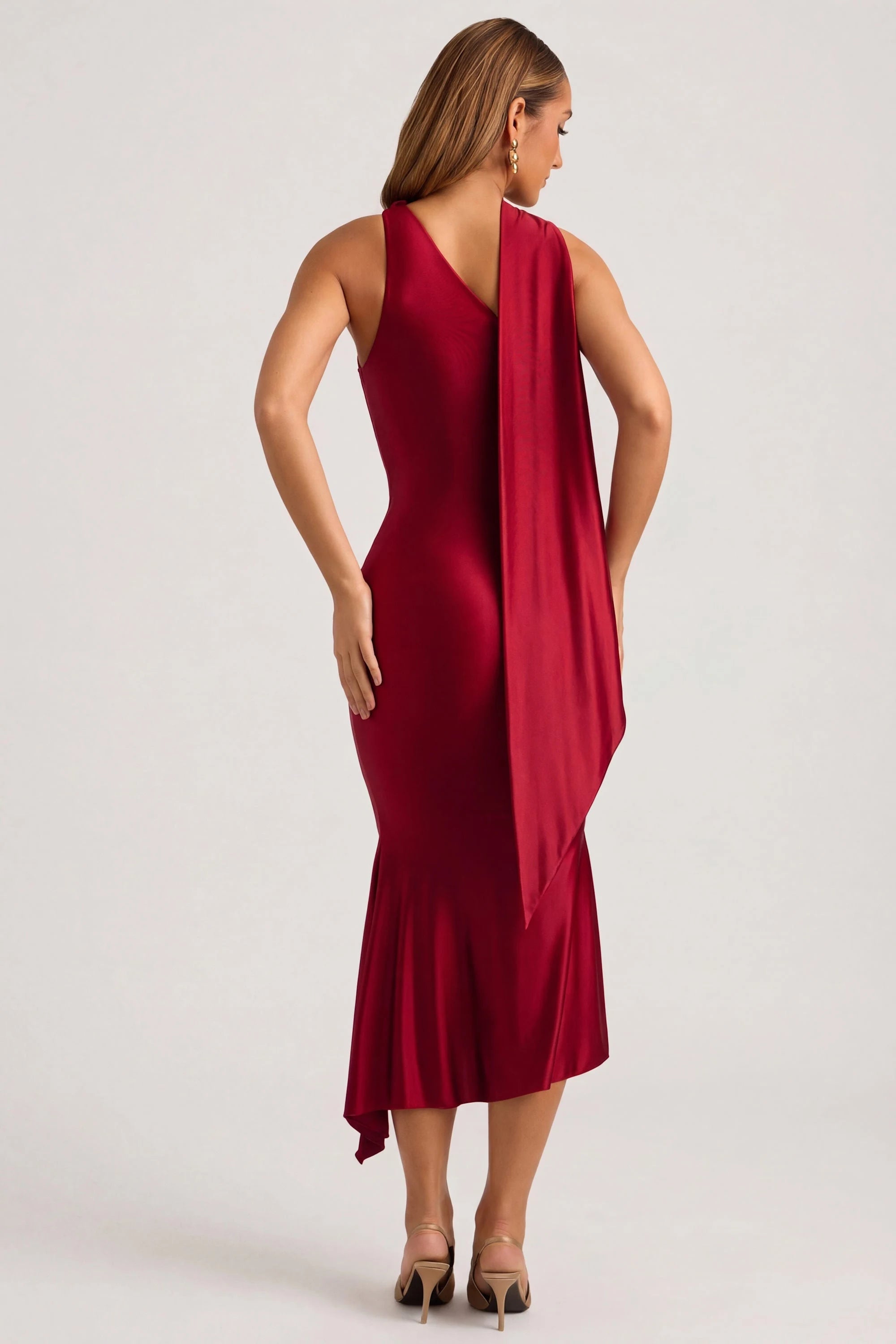 Stunning Mermaid Asymmetric Sleeveless Draped Scarf Red Midi Prom Dresses Women