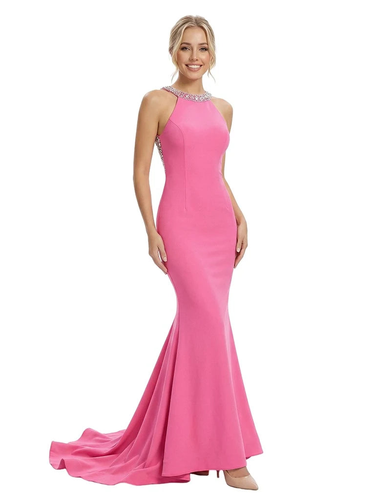 Stunning Mermaid Beaded Halter Sleeveless Ruffled Hot Pink Floor-Length Prom Gown