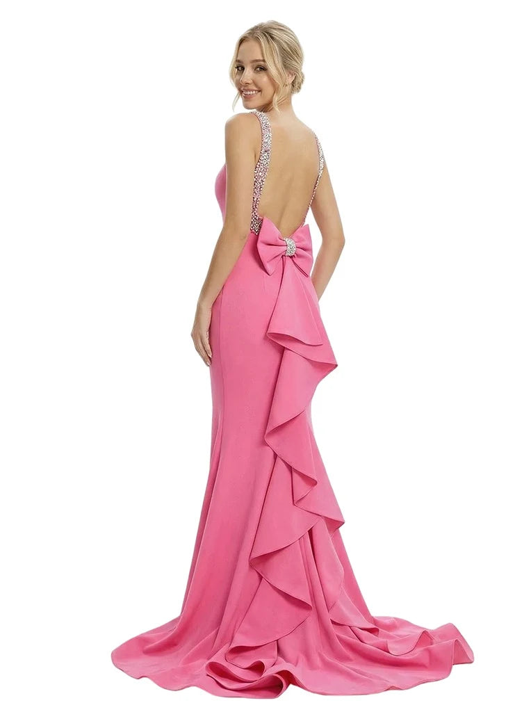Stunning Mermaid Beaded Halter Sleeveless Ruffled Hot Pink Floor-Length Prom Gown