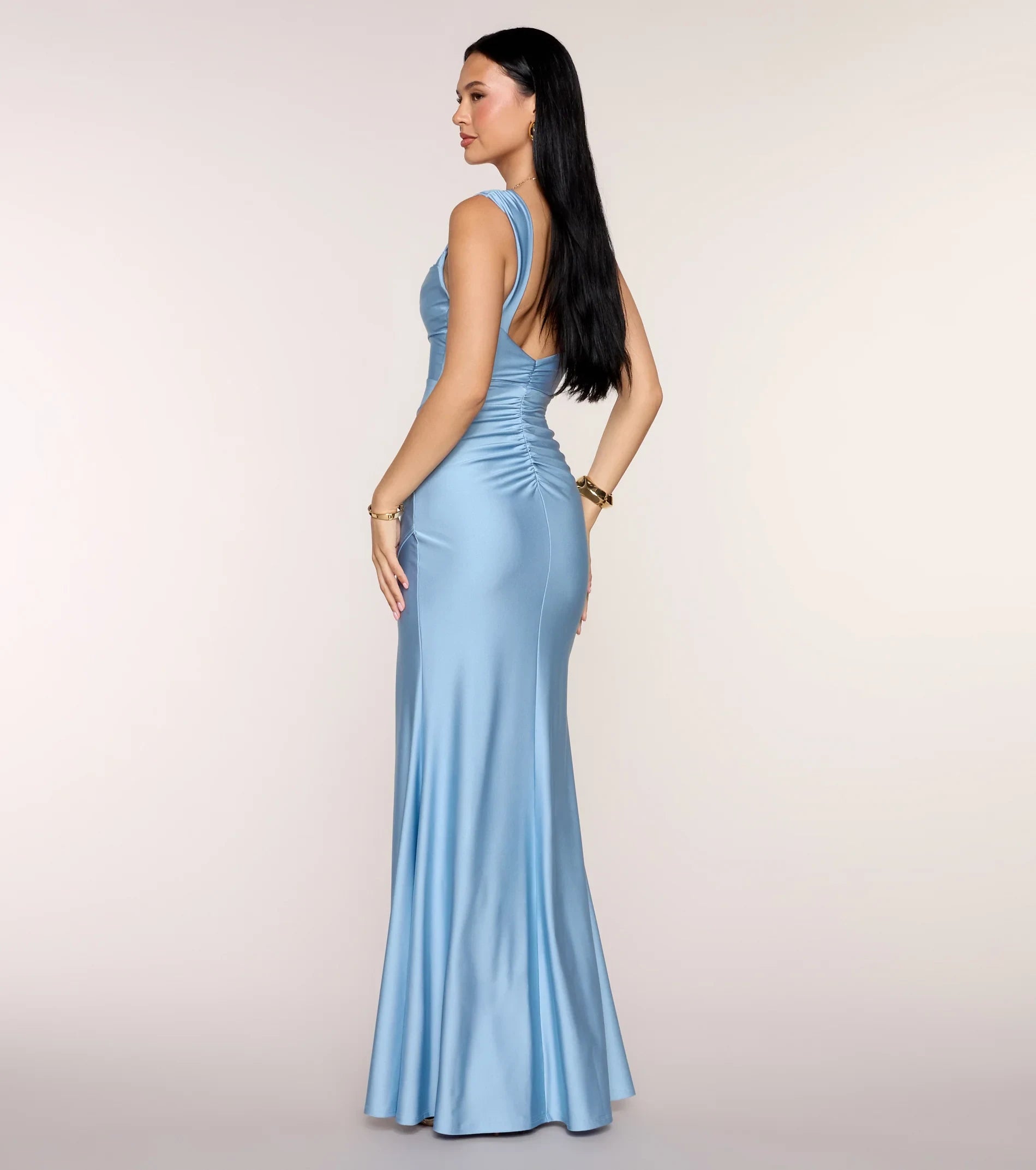 Stunning Mermaid Cowl Neck Sleeveless High Slit Light Blue Prom Gown