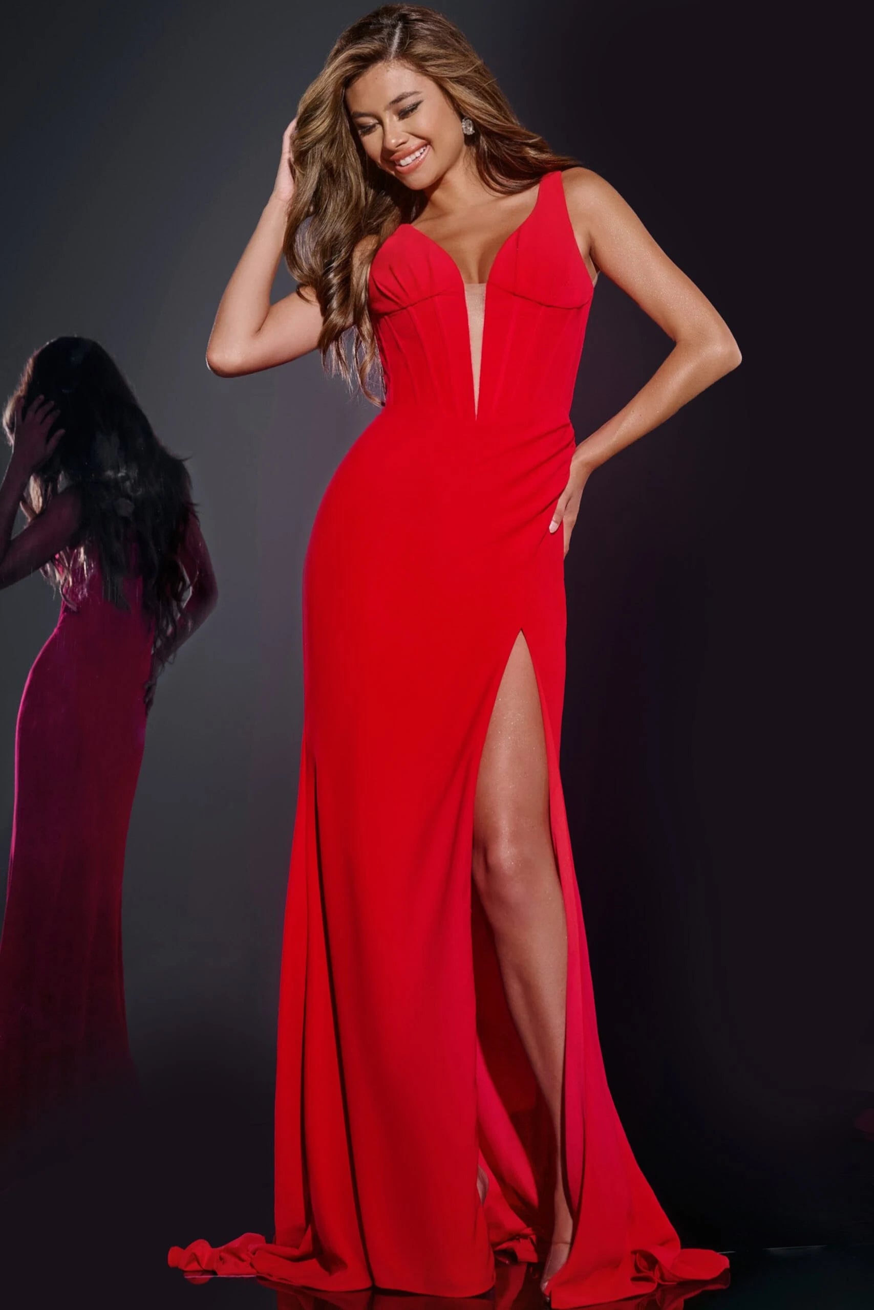 Stunning Mermaid Plunge V-Neck Sleeveless High Slit Red Floor-Length Prom Dress Gown