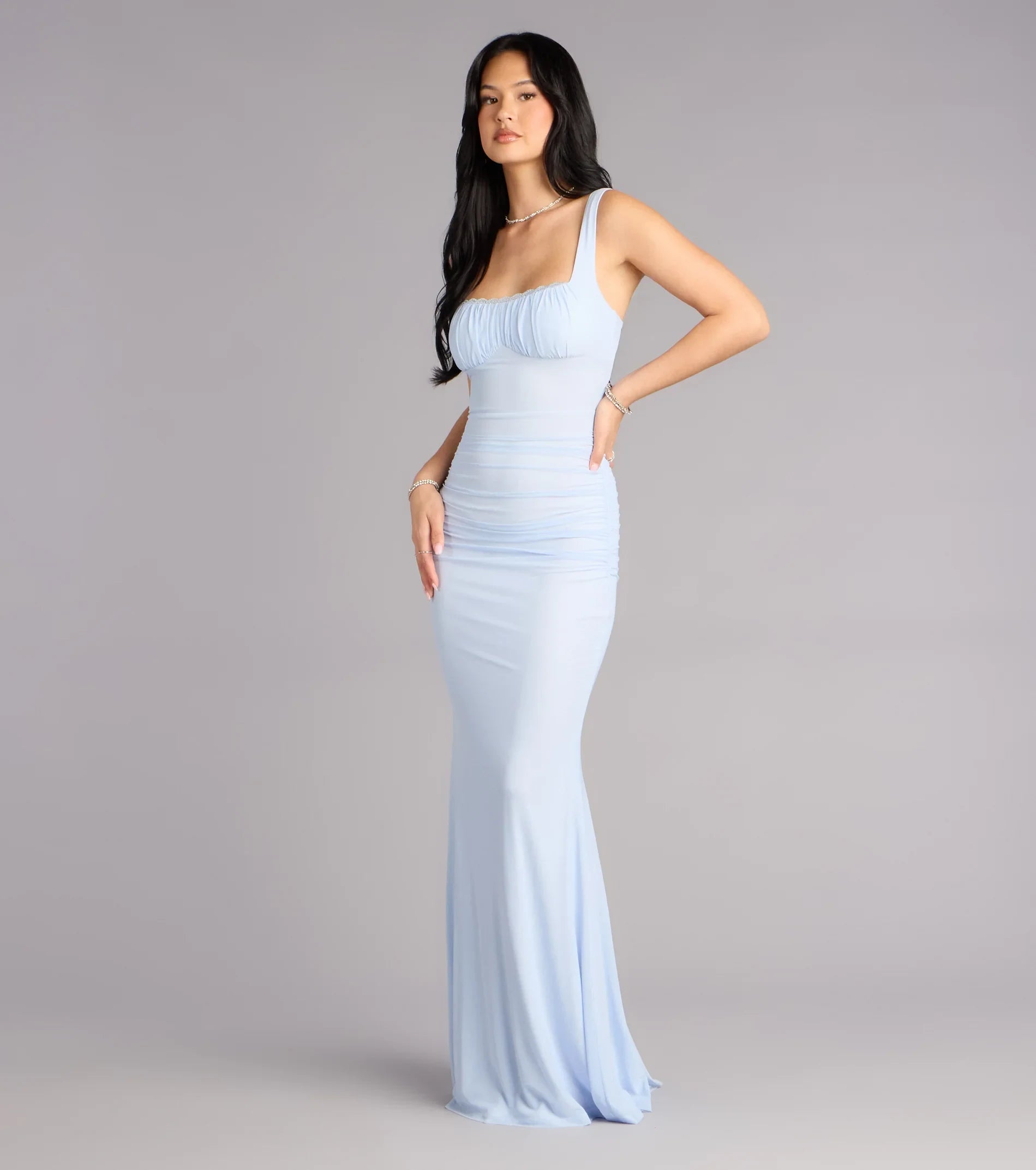Stunning Mermaid Square Neck Sleeveless Ruched Lace-Up Light Blue Floor-Length Prom Gown