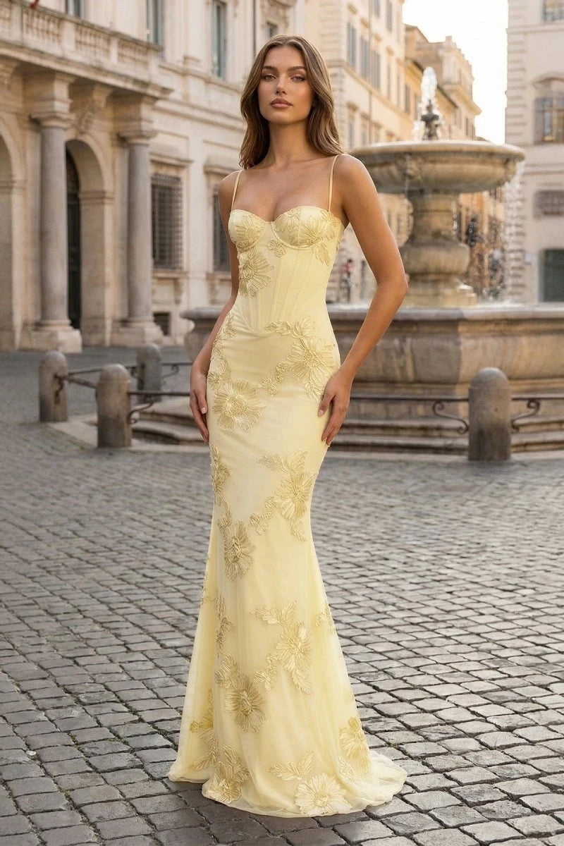 Stunning Mermaid Sweetheart Sleeveless Embroidered Corset Light Yellow Floor-Length Prom Dresses Gown