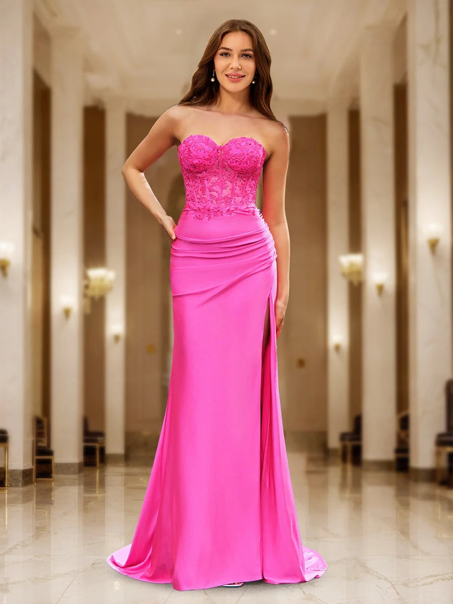 Stunning Mermaid Sweetheart Sleeveless Slit Ruched Hot Pink Floor-Length Prom Gown