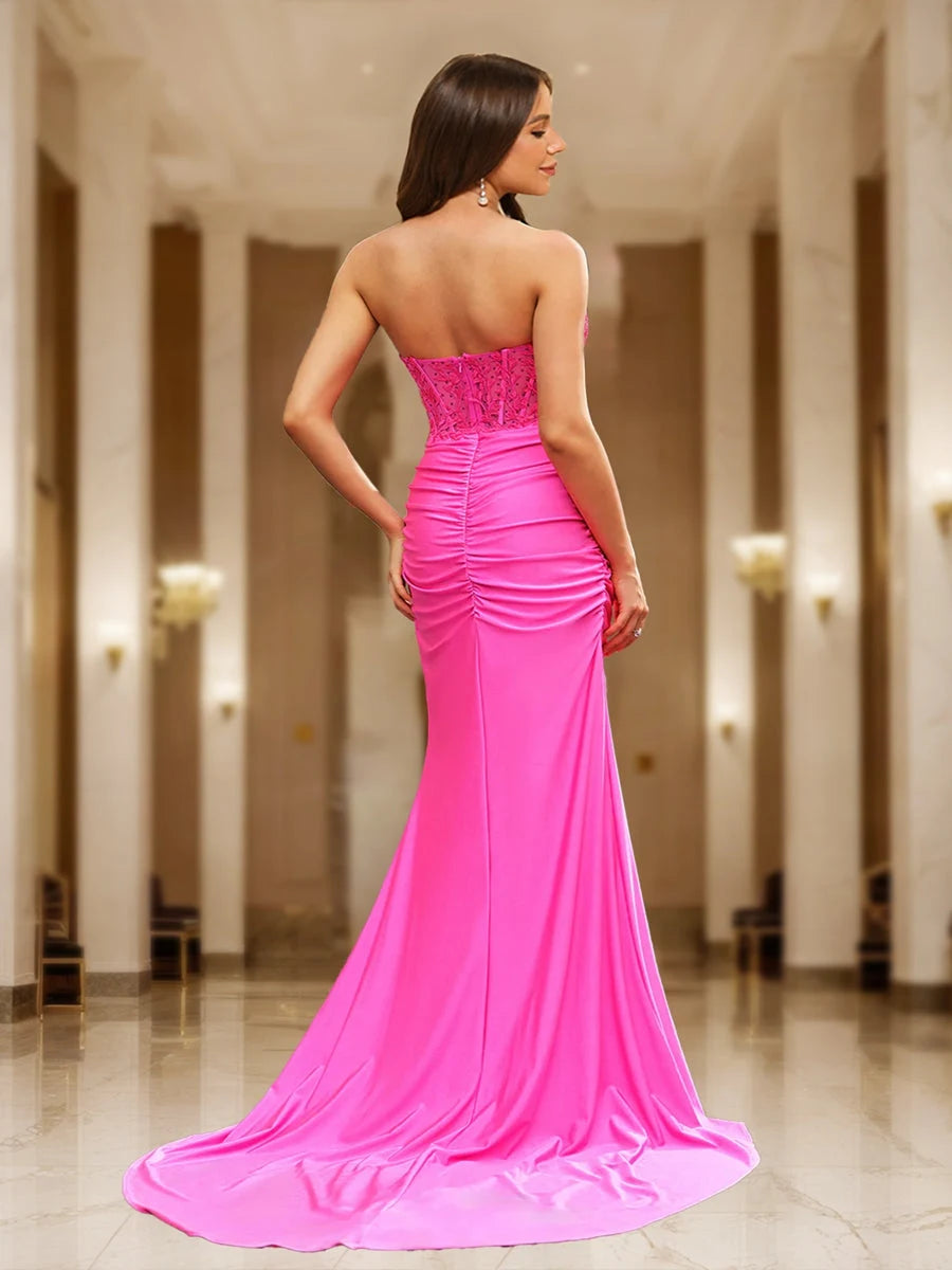 Stunning Mermaid Sweetheart Sleeveless Slit Ruched Hot Pink Floor-Length Prom Gown