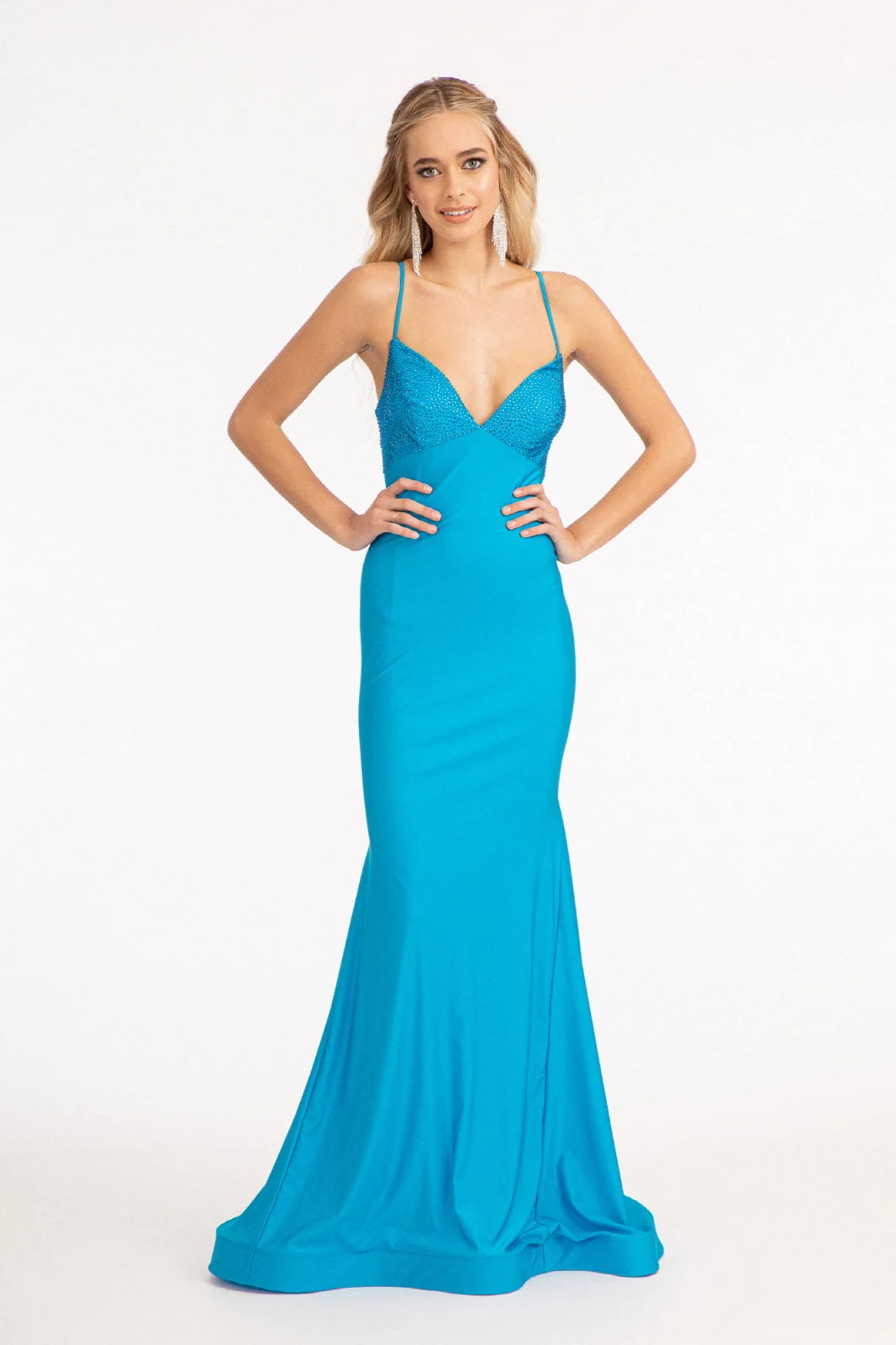 Stunning Mermaid V-Neck Sleeveless Beaded Lace-Up Teal Floor-Length Prom Gown