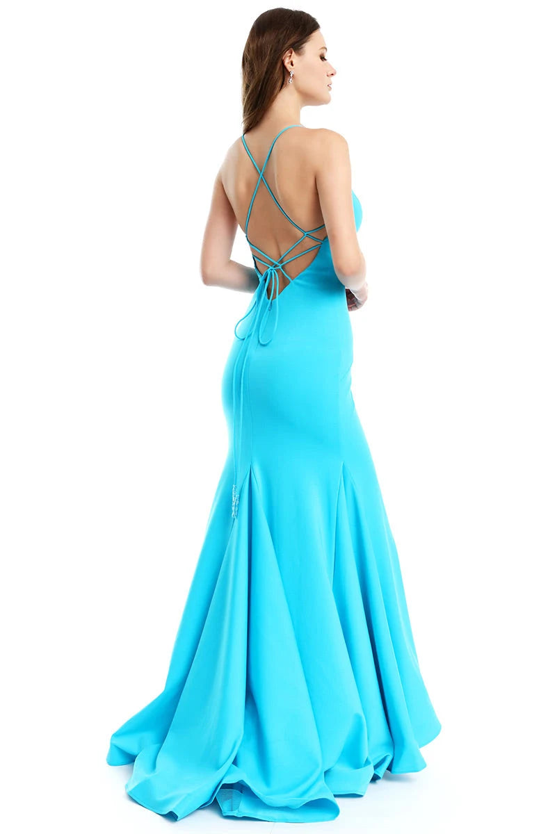 Stunning Mermaid V-Neck Sleeveless High Slit Sky Blue Floor-Length Prom Dress Gown