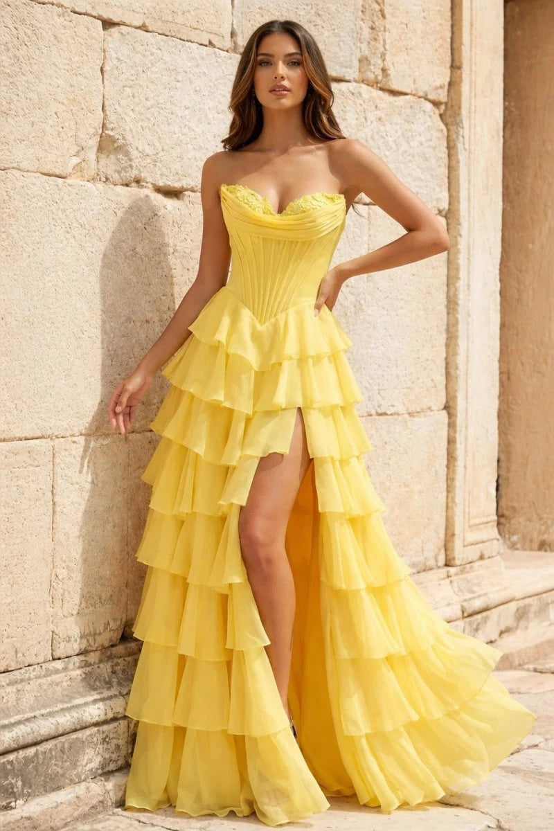 Stunning Sheath Strapless Sleeveless Beaded Slit Champagne Long Prom Dresses Women