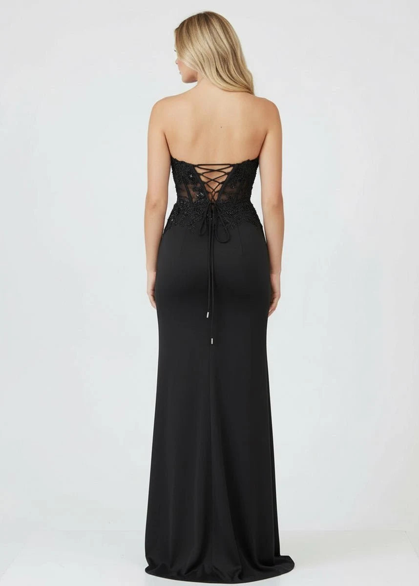 Stunning Sheath Sweetheart Strapless Corset Slit Black Long Prom Dresses Women