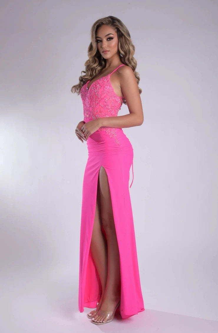 Stunning Sheath V-Neck Sleeveless Beaded Slit Pink Long Prom Dresses Women