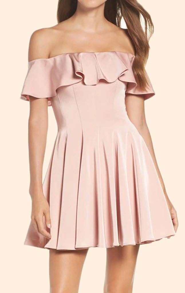 Model wearing a stylish off-shoulder A-line short dress.
