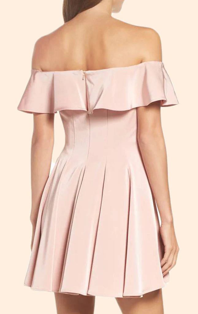 Back view of the elegant off-shoulder A-line short dress.