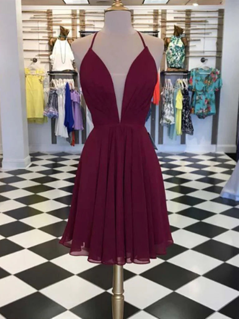 Front view of a stylish A-line V-neck short prom dress.