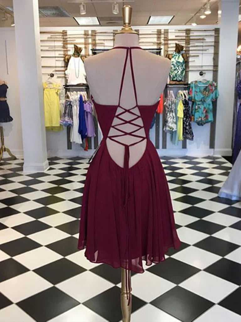 Side view of an elegant A-line V-neck homecoming dress.
