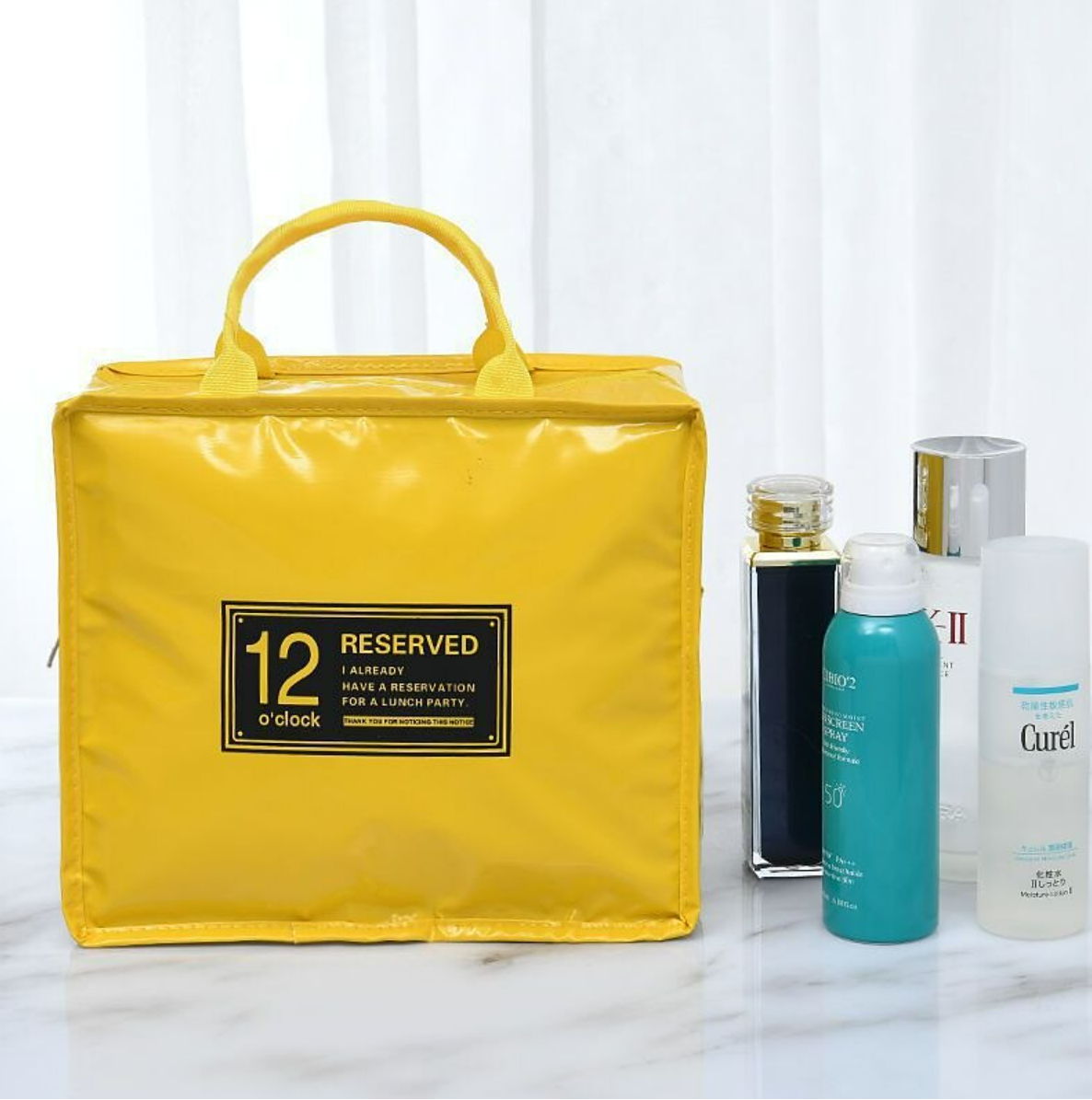 Portable storage bag for women's beauty essentials.