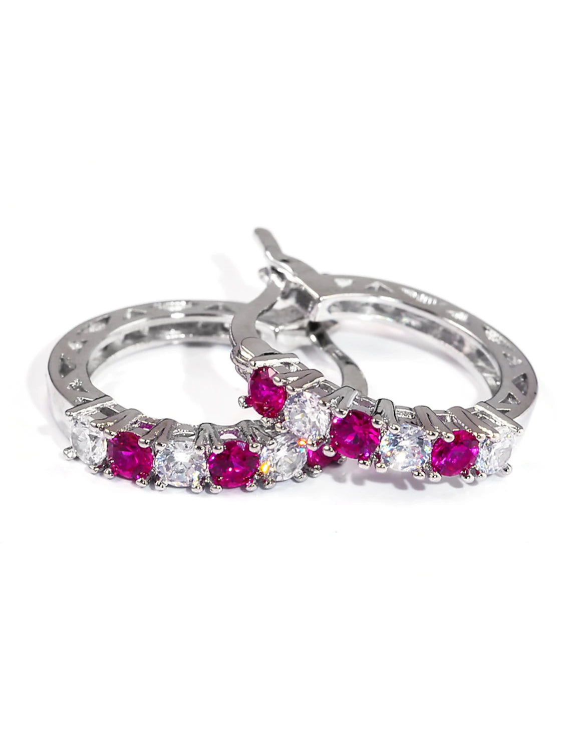 Model wearing fuchsia zircon hoop earrings.