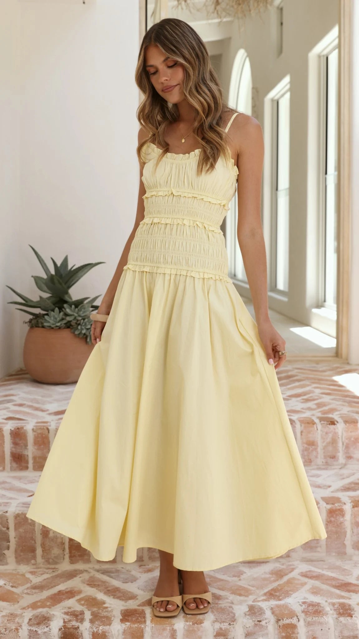 Sunny Spaghetti Strap Smocked Bodice Ruffle Midi Prom Dress with Flared Skirt