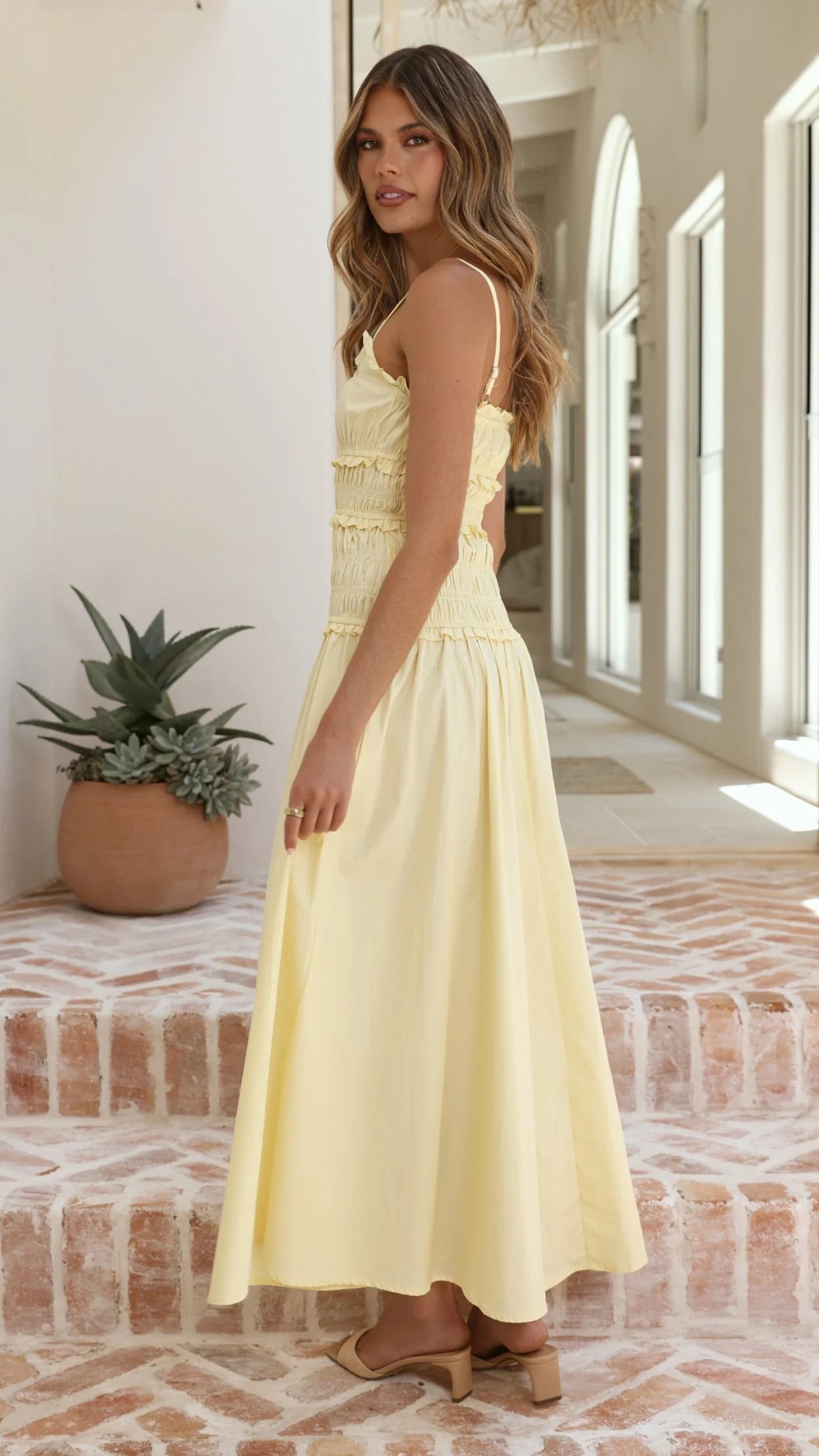 Sunny Spaghetti Strap Smocked Bodice Ruffle Midi Prom Dress with Flared Skirt
