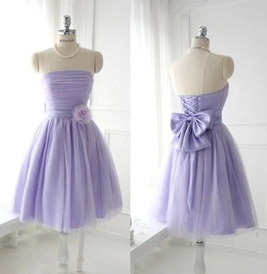 Sweet A-Line Strapless Ruched Bow Back Lavender Short Homecoming Dresses Gown