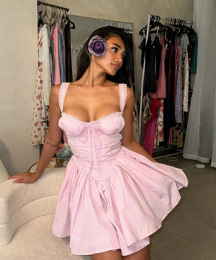 Sweet A-Line Sweetheart Sleeveless Lace Trimmed Mini Pastel Pink Homecoming Dress