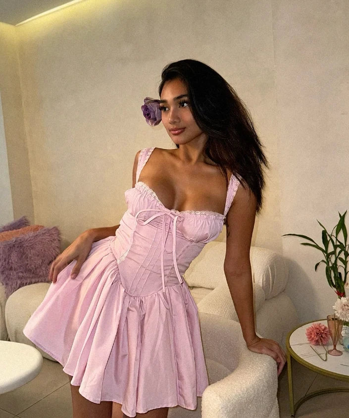Sweet A-Line Sweetheart Sleeveless Lace Trimmed Mini Pastel Pink Homecoming Dress