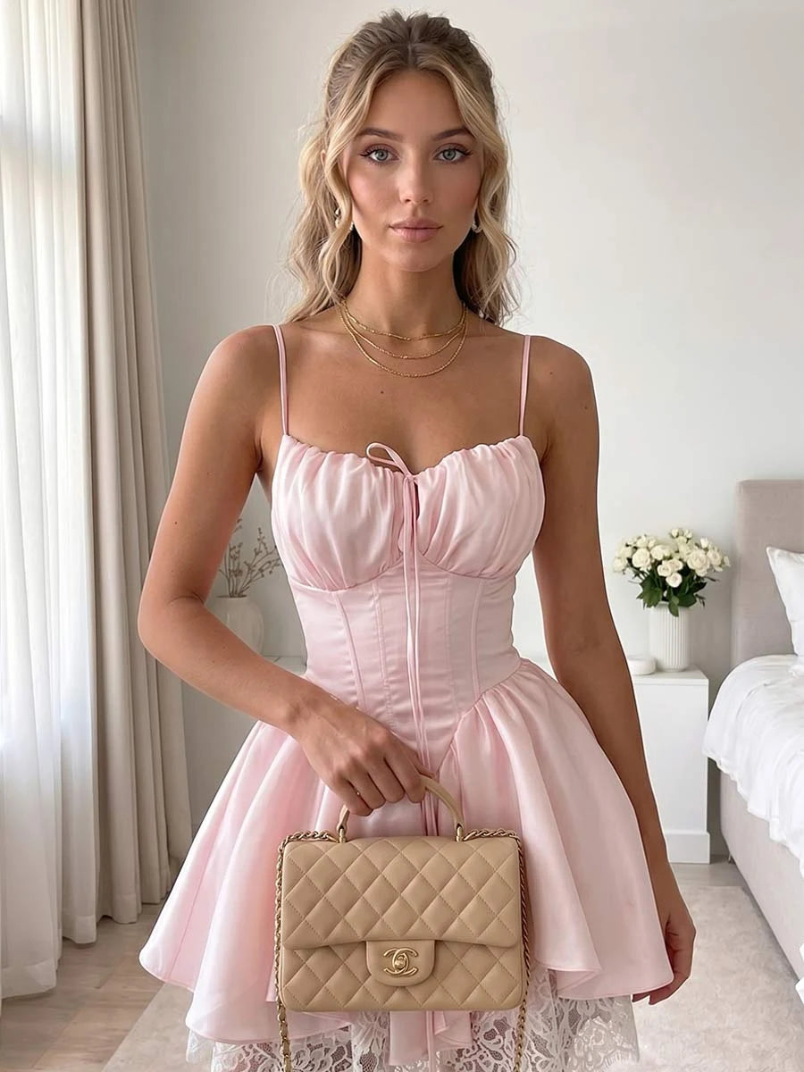 Sweet A-Line Sweetheart Sleeveless Ruffled Corset Pink Short Homecoming Dresses For Women's Gown