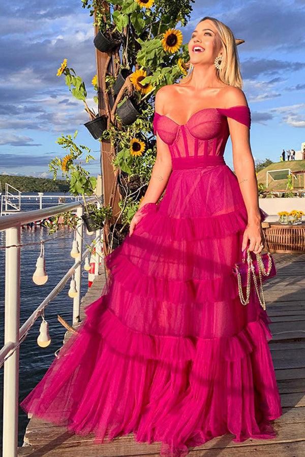 Hot pink sweetheart tulle prom dress with multi-layers.