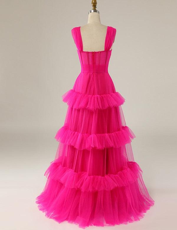 Hot pink A-line formal dress with sweetheart neckline.