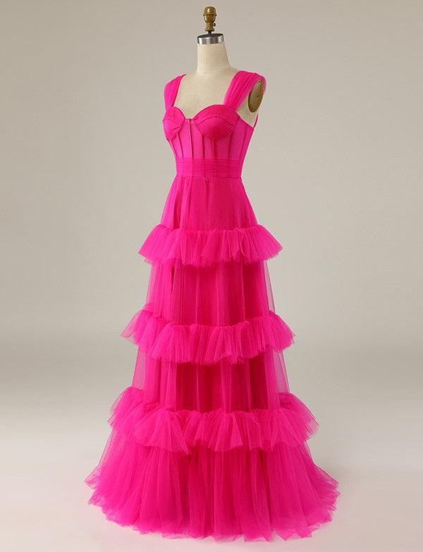 Hot pink A-line formal dress with sweetheart neckline.
