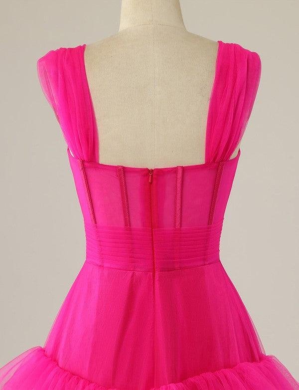 Hot pink A-line formal dress with sweetheart neckline.