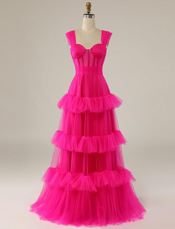 Hot pink A-line formal dress with sweetheart neckline.