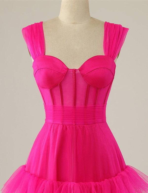 Hot pink A-line formal dress with sweetheart neckline.