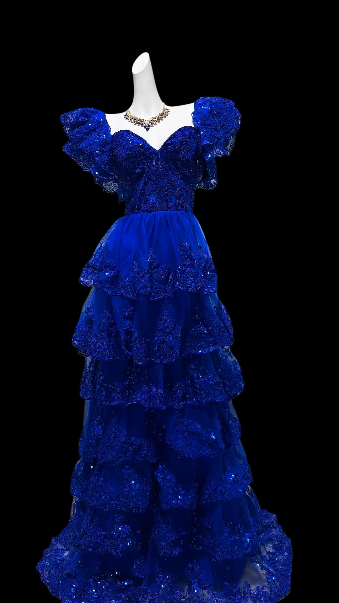 Sweetheart Neck Ruffled Puff Sleeve Beaded Lace Tiered Tulle Train Maxi Evening Dresses