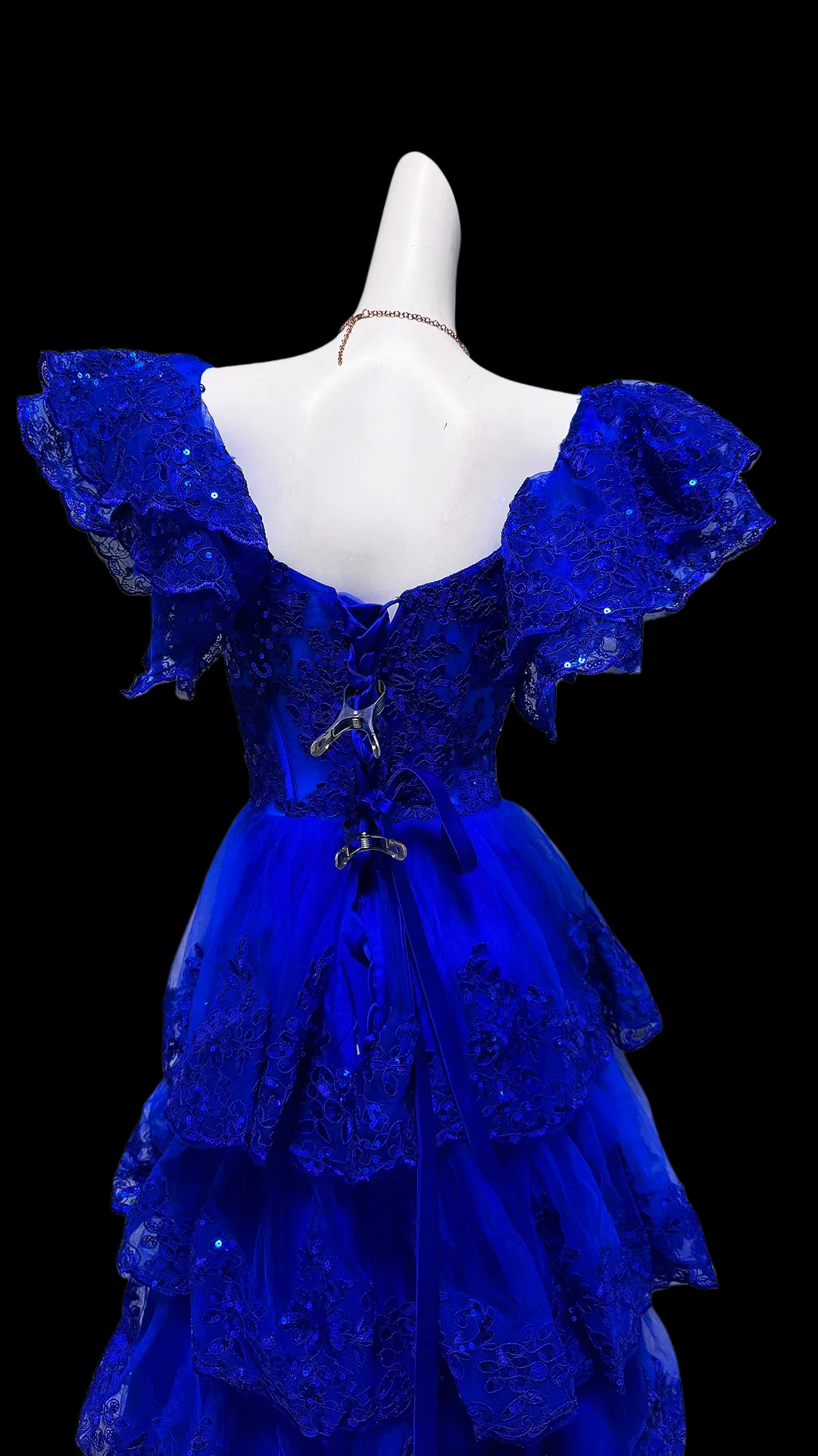 Sweetheart Neck Ruffled Puff Sleeve Beaded Lace Tiered Tulle Train Maxi Evening Dresses