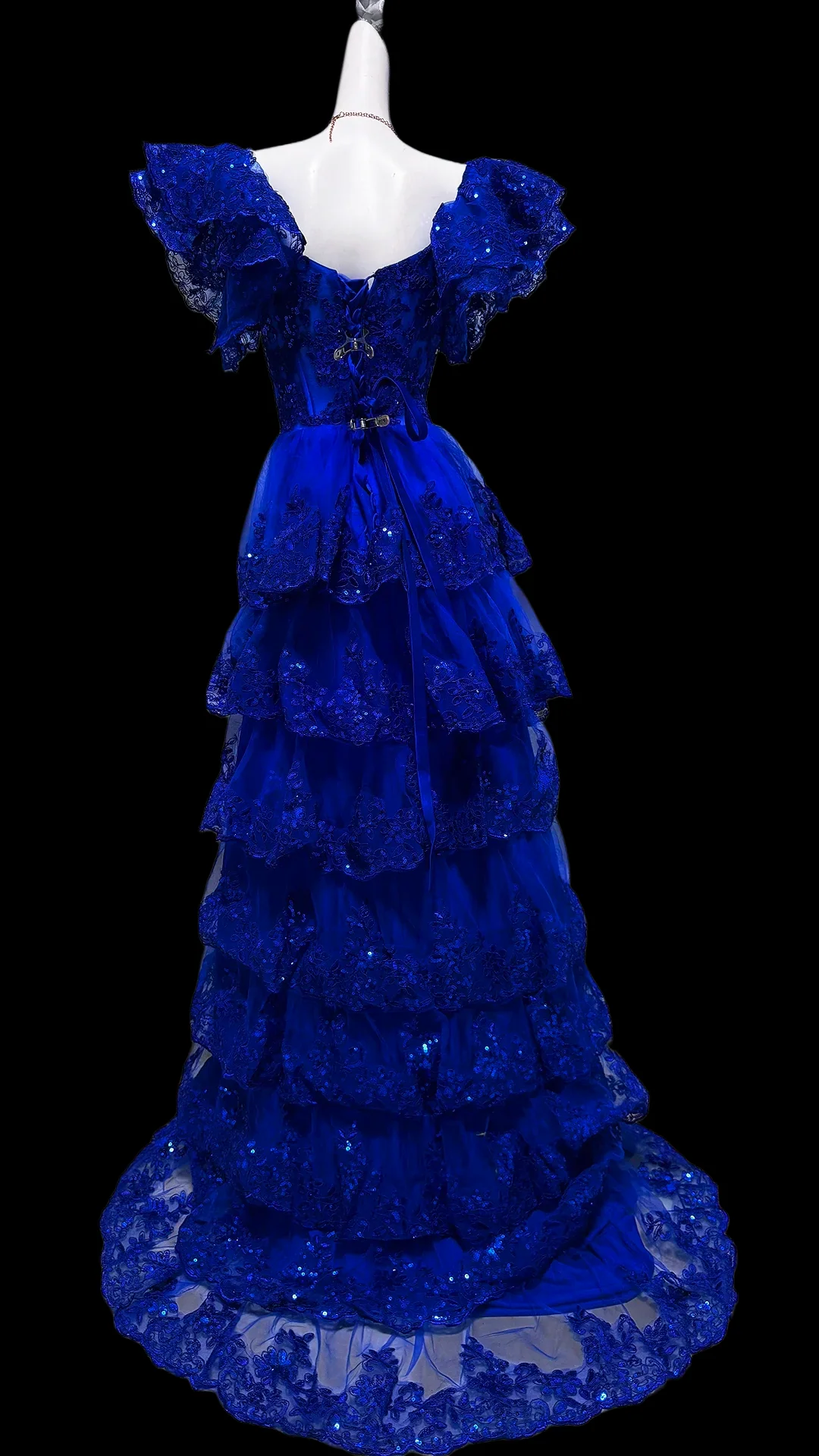 Sweetheart Neck Ruffled Puff Sleeve Beaded Lace Tiered Tulle Train Maxi Evening Dresses