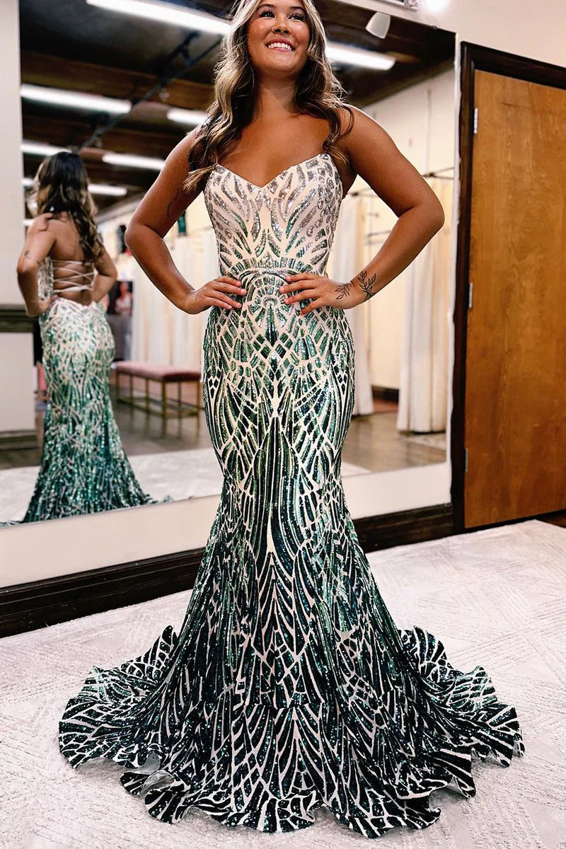 Mermaid V Neck Gradient Sequins Long Prom Dresses