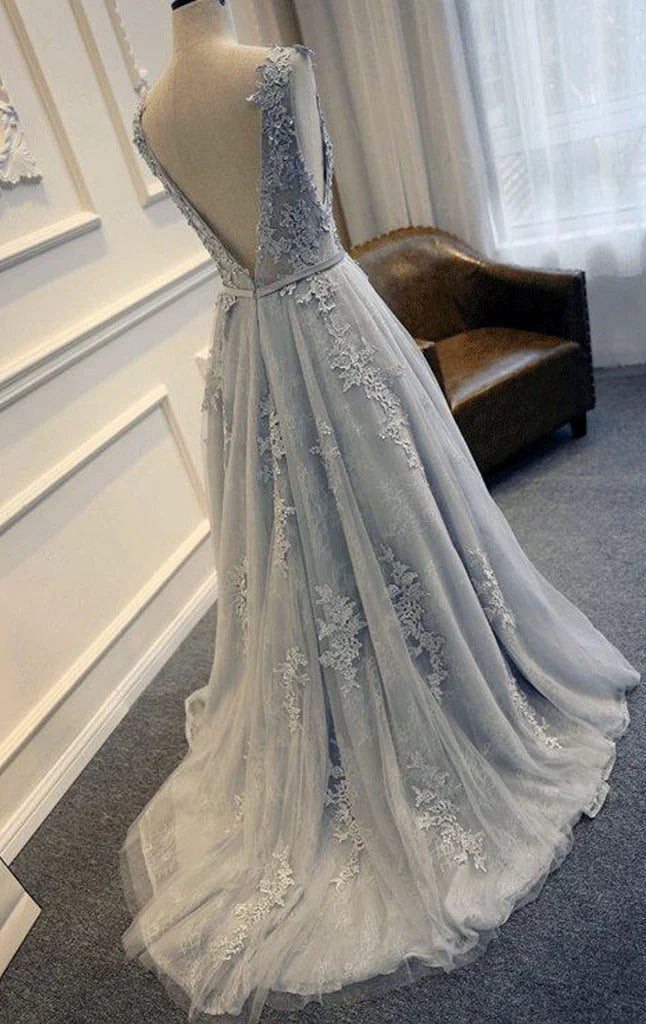 A Line Straps Lace Long Prom Dress Ball Gown