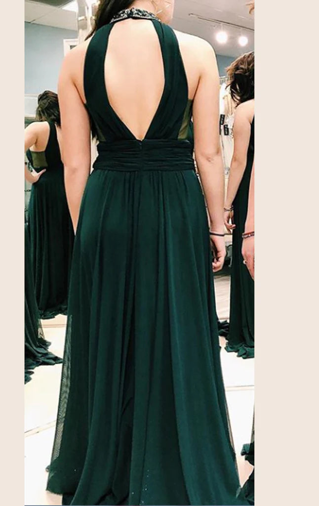 Neckholder-Ballkleid mit tiefem V-Ausschnitt und langem Schnitt