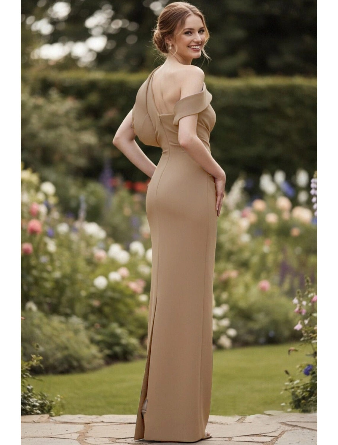 Taupe One Shoulder Mermaid Gown With Draped Sleeve Detail Prom Dress