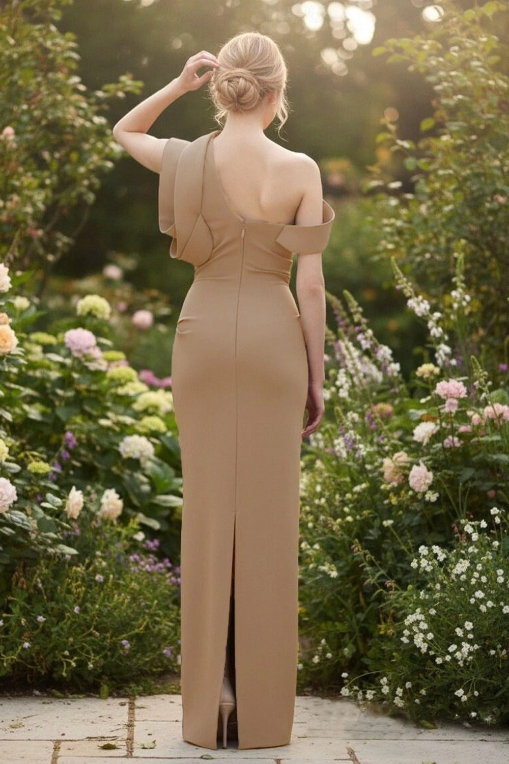 Taupe One Shoulder Mermaid Gown With Draped Sleeve Detail Prom Dress