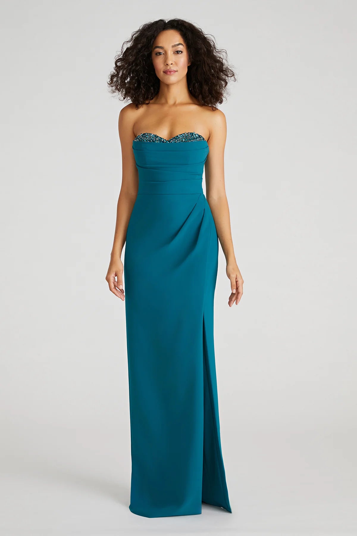 Teal Crepe Sheath Strapless Sweetheart Neck Beaded Bust High Slit Floor Length Formal Evening Prom Dress